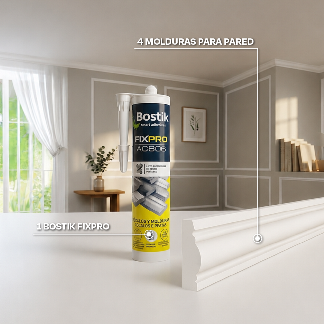 PROMOCIÓN 4 MOLDURAS PARA MURO 41MM X 20MM X 2.9ML - BLANCO + 1 PEGAMENTO BOSTIK FIXPRO X 310ML