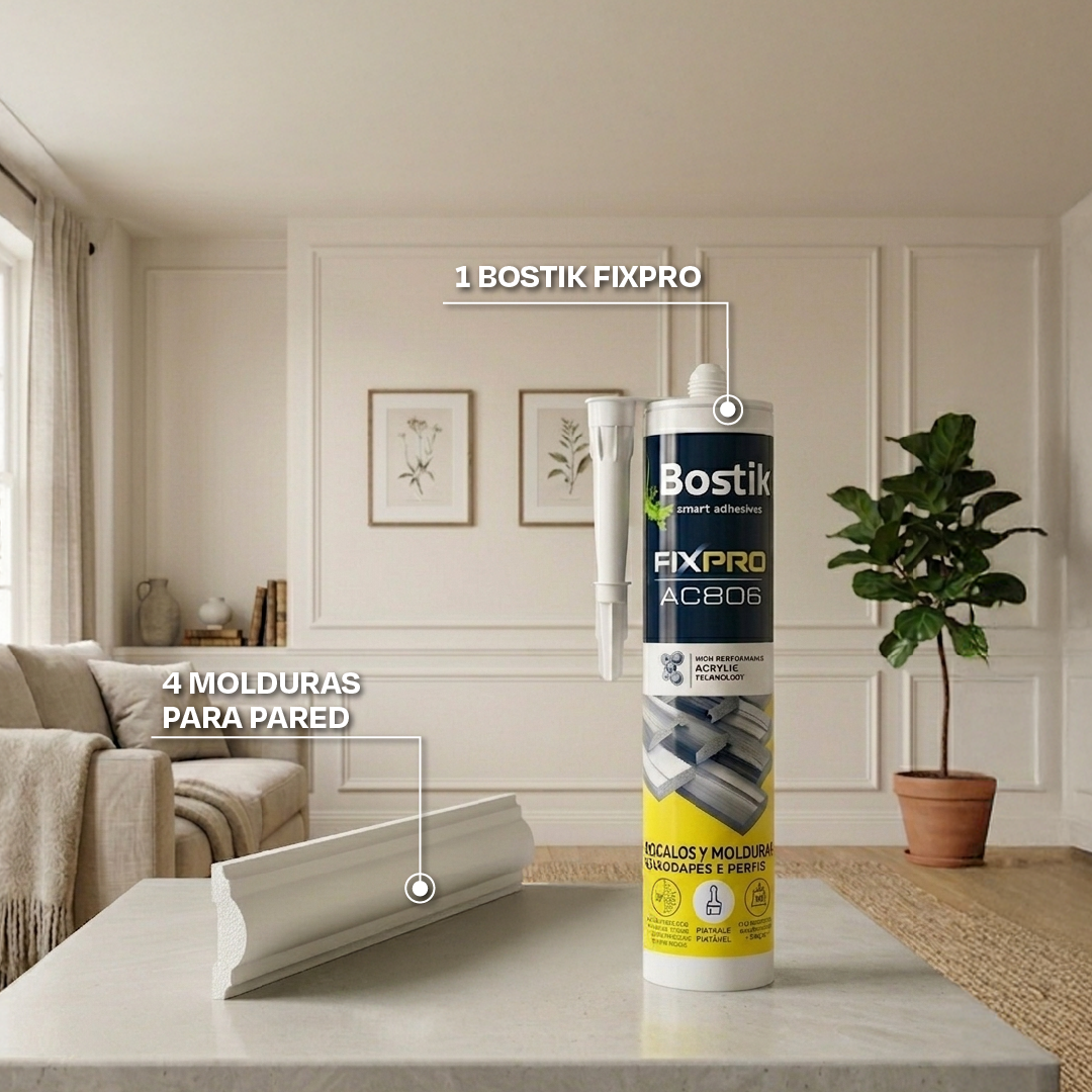 PROMOCIÓN 4 MOLDURAS PARA MURO 30MM X 12MM X 2.9ML - BLANCO + 1 PEGAMENTO BOSTIK FIXPRO X 310ML